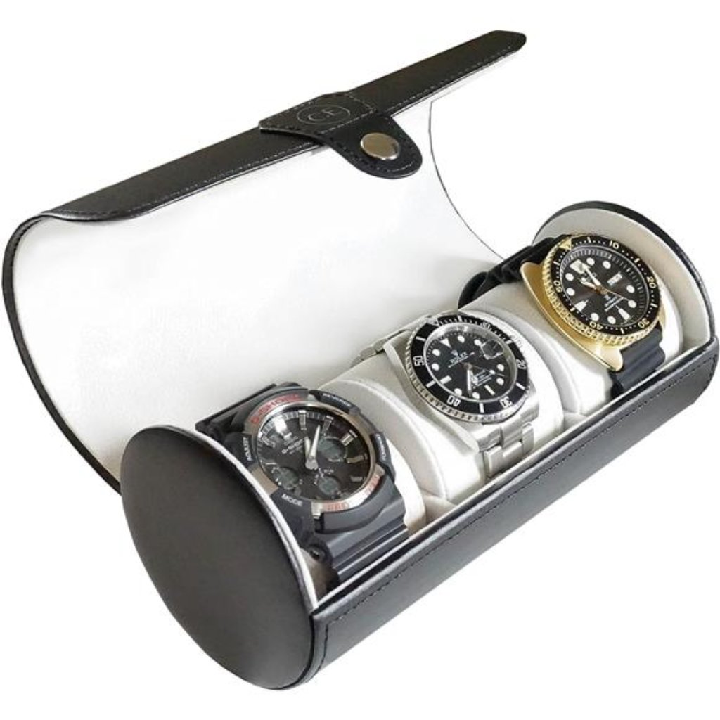 Classic Black Vegan Faux Leather Watch Roll Organizer Travel Case Mens Luxury